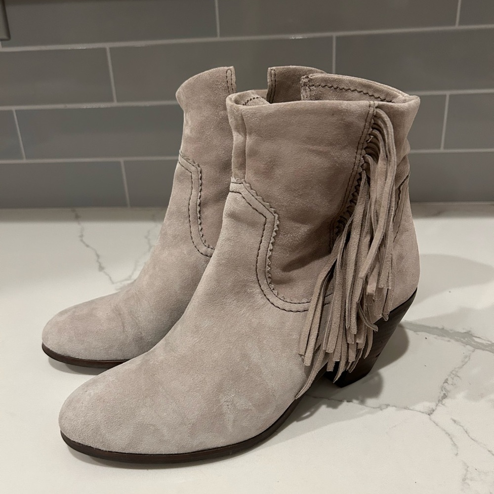 Sam Edelman Louie Fringe Ankle Boots Size 9 Suede Western Boho Zipper‎ Gray